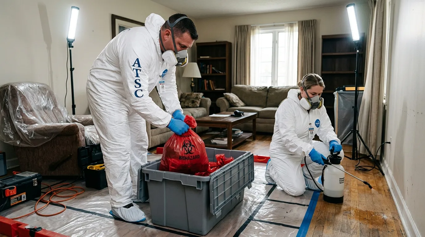 Professional Hoarding Cleanup technician in full PPE working in Hamlin